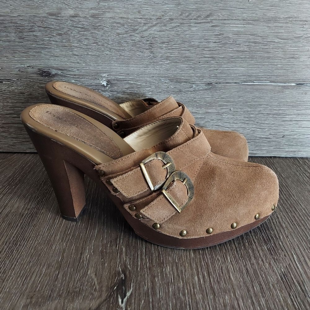 Womens Dana BuchmanโHazelton Sz 9 Suede Desert Clogs Brown Platform 4.25" Heel
